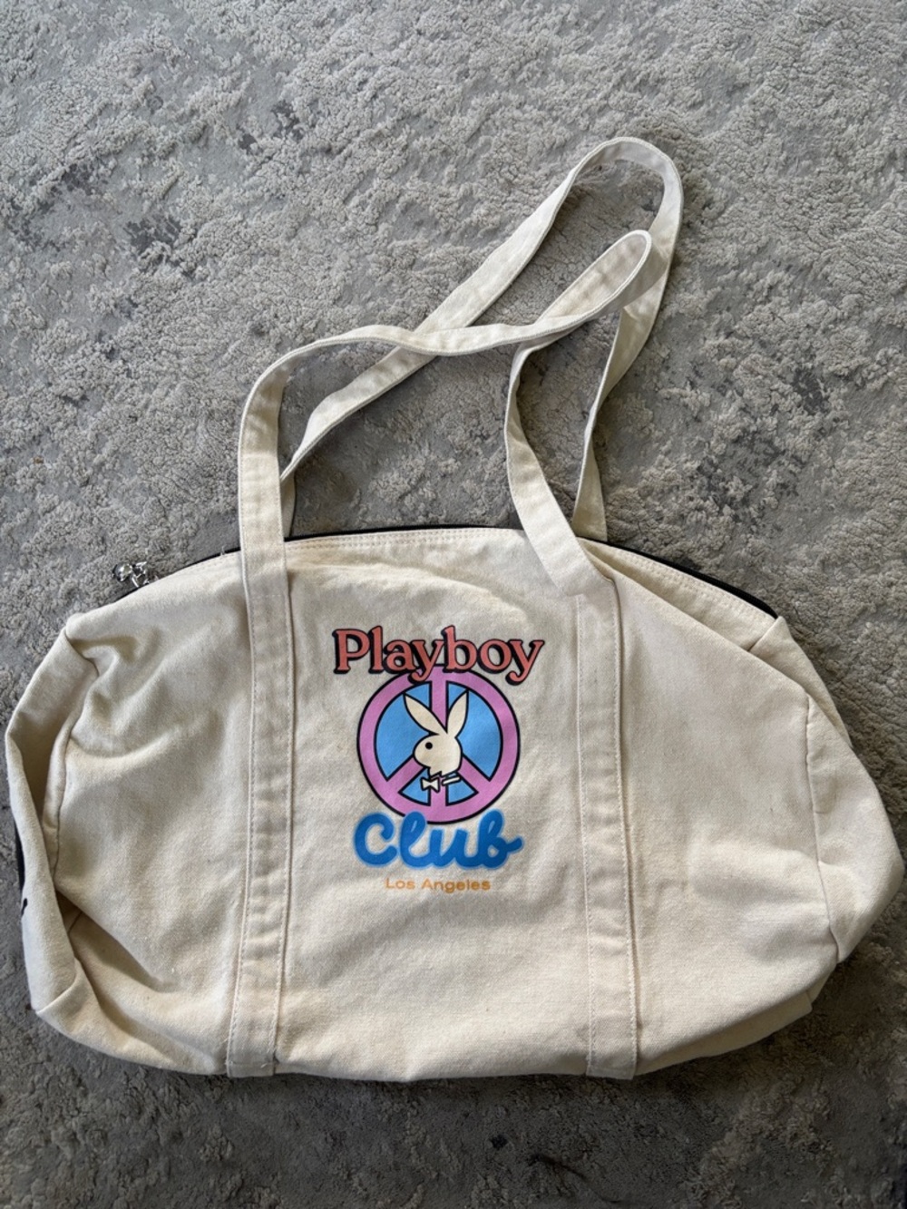 PLAYBOY Cream Canvas Tote with Pink & Blue Logo